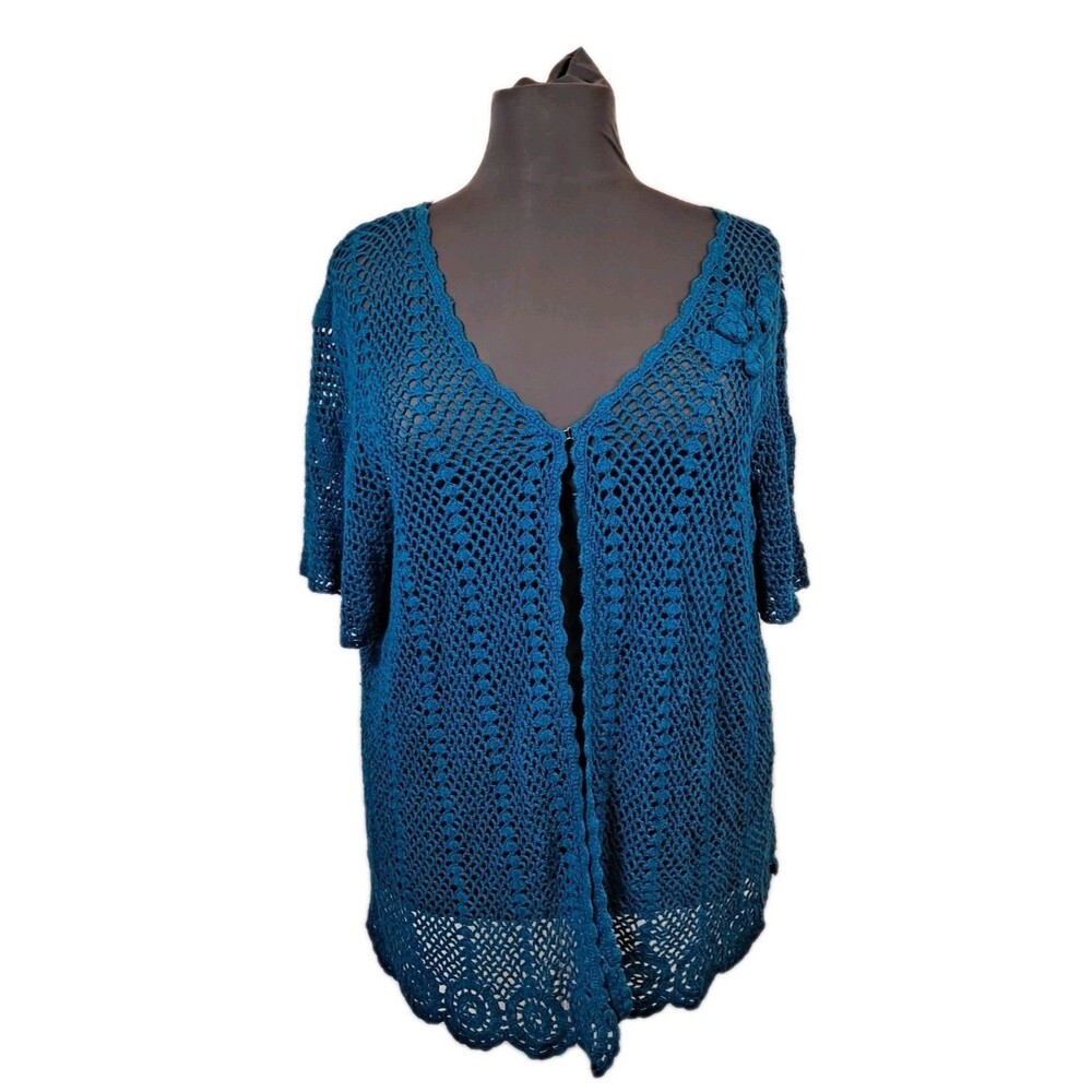 Maggie Barnes Women's Plus Crochet Cardigan Size 4X Blue
